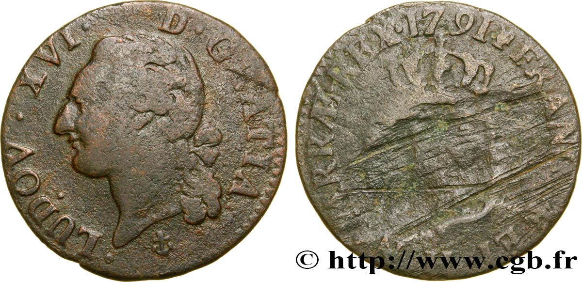 LOUIS XVI (MONARQUE CONSTITUTIONNEL) Demi-sol dit à l écu 1791 La Rochelle TB/B