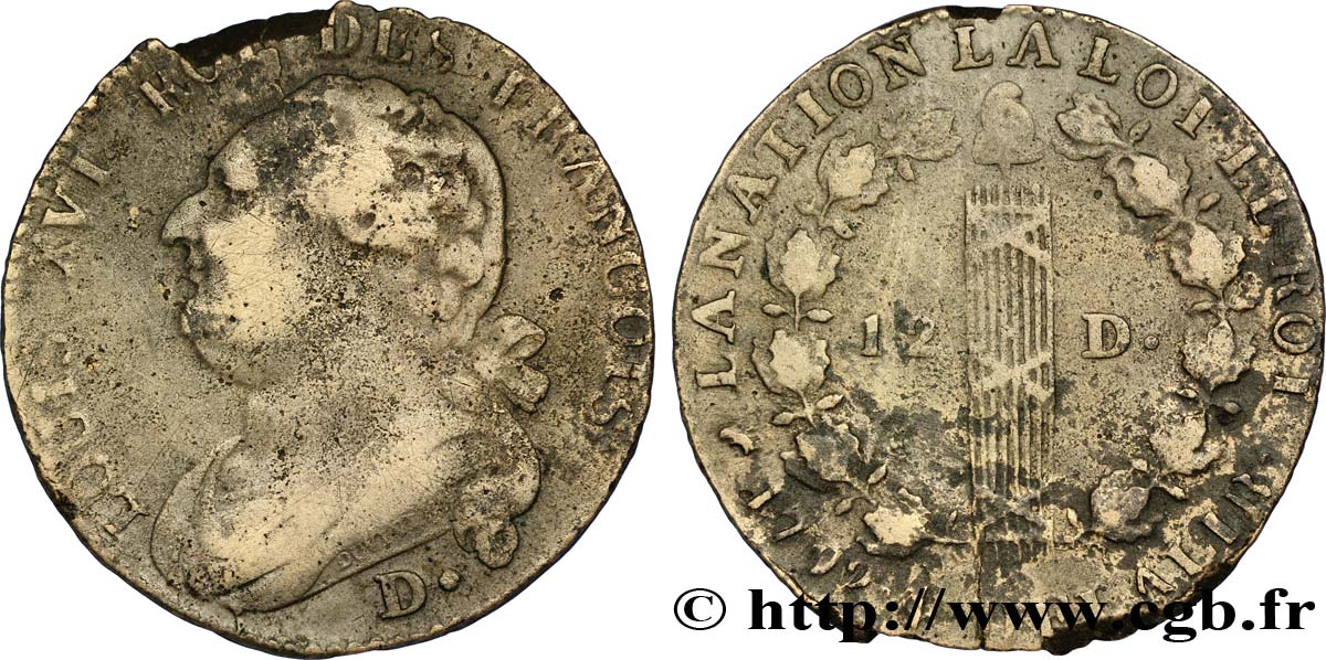 LOUIS XVI (MONARQUE CONSTITUTIONNEL) 12 deniers dit au faisceau , type FRANCOIS 1792 Dijon B