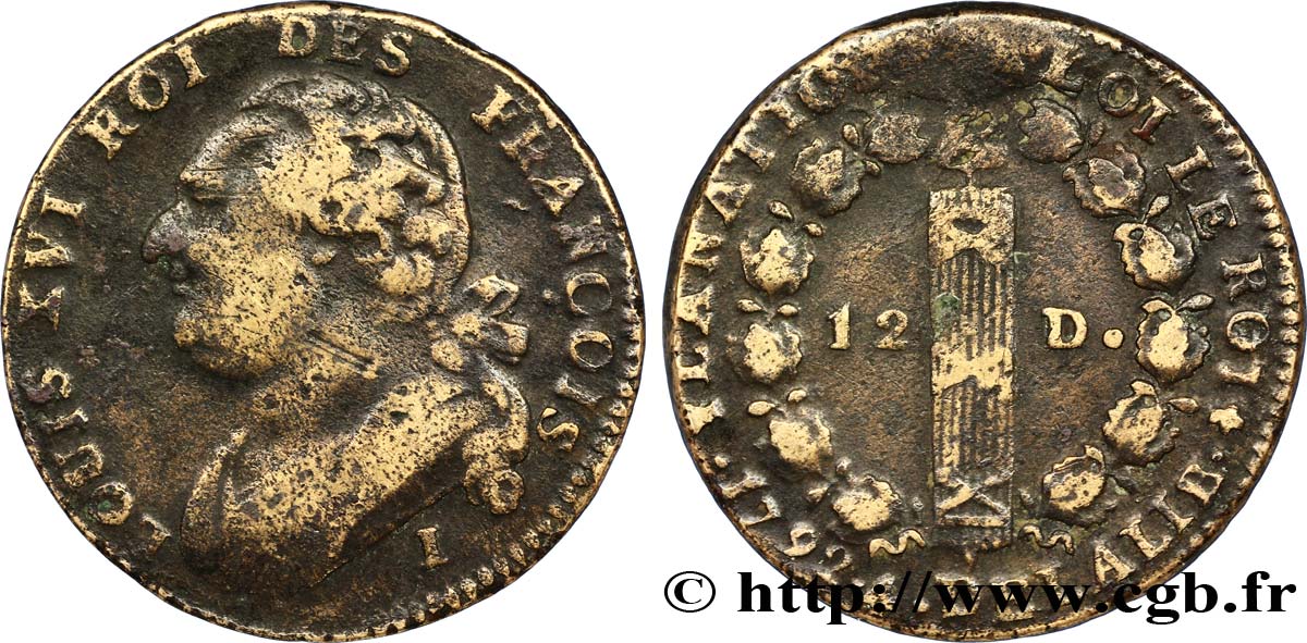 LOUIS XVI (MONARQUE CONSTITUTIONNEL) 12 deniers dit au faisceau , type FRANÇOIS 1792 Limoges B+