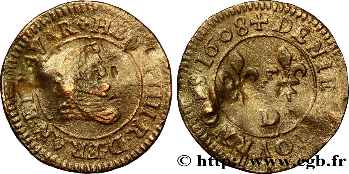 HENRI IV LE GRAND Denier tournois, type A 1608 Lyon TB