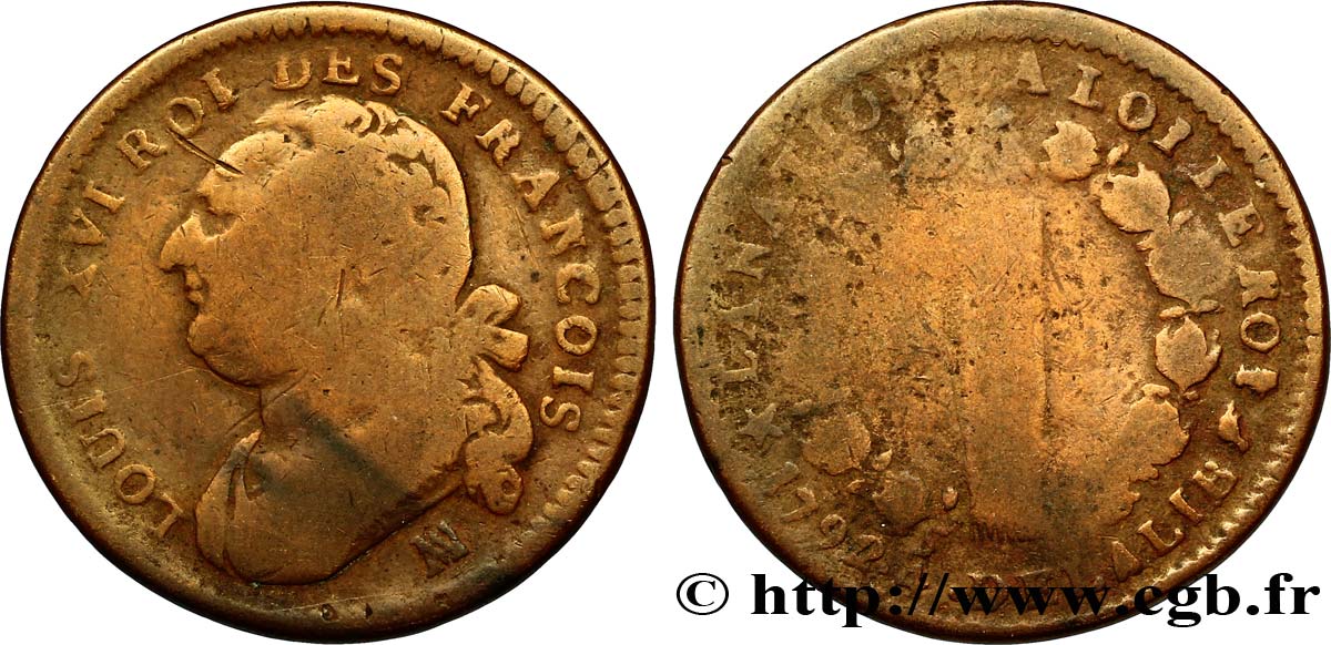 LOUIS XVI (MONARQUE CONSTITUTIONNEL) 12 deniers dit au faisceau , type FRANCOIS 1792 Marseille B