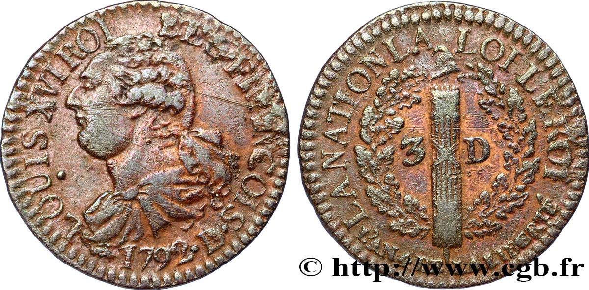 LOUIS XVI (MONARQUE CONSTITUTIONNEL) 3 deniers dit au faisceau , type FRANCOIS 1792 Lyon TB+
