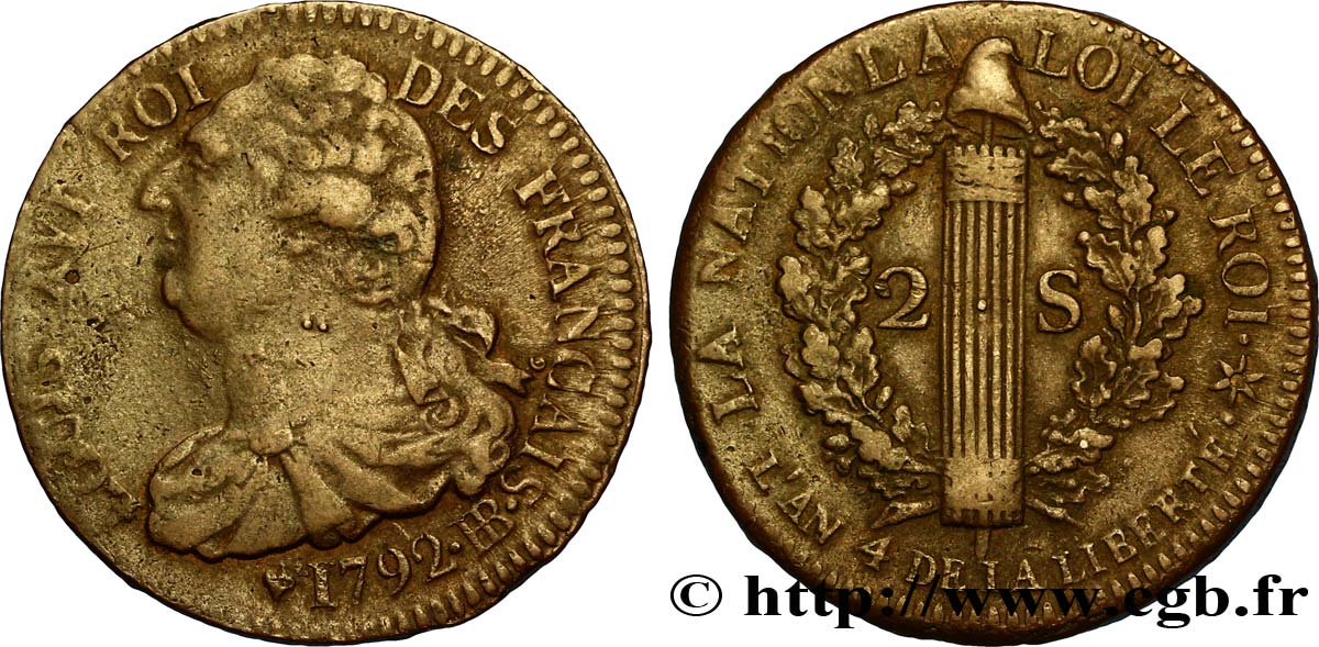 LOUIS XVI (MONARQUE CONSTITUTIONNEL) 2 sols dit au faisceau , type FRANÇAIS 1792 Strasbourg TTB