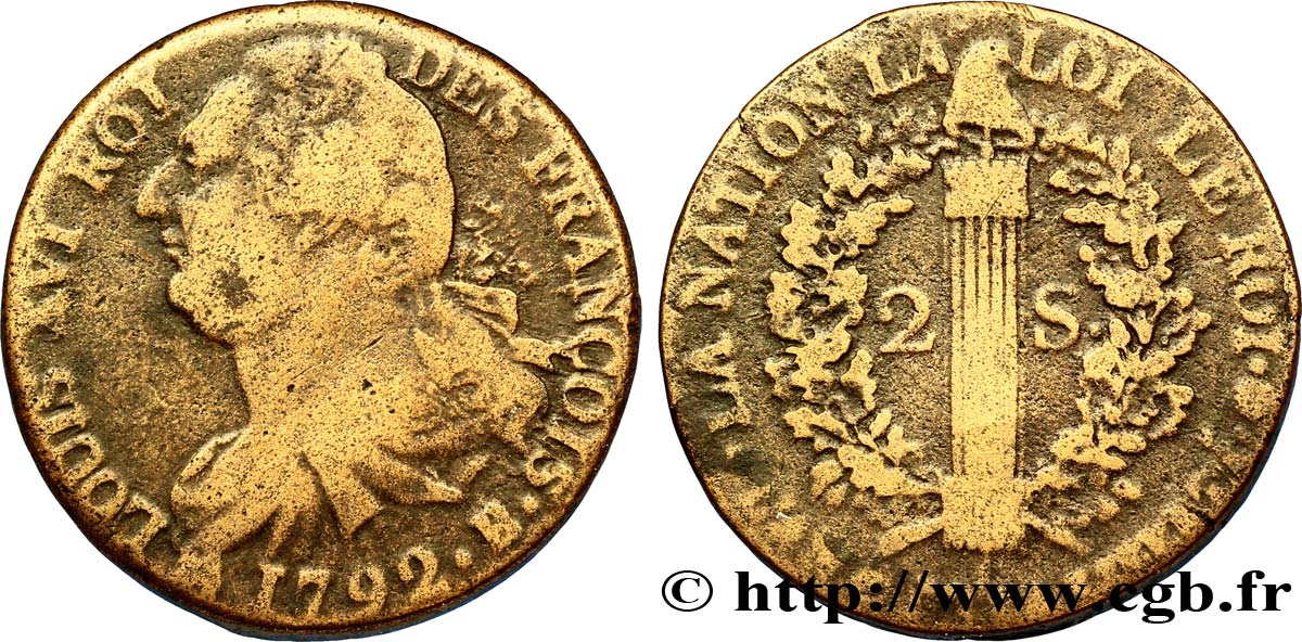 LOUIS XVI (MONARQUE CONSTITUTIONNEL) 2 sols dit au faisceau , type FRANÇOIS 1792 Rouen B