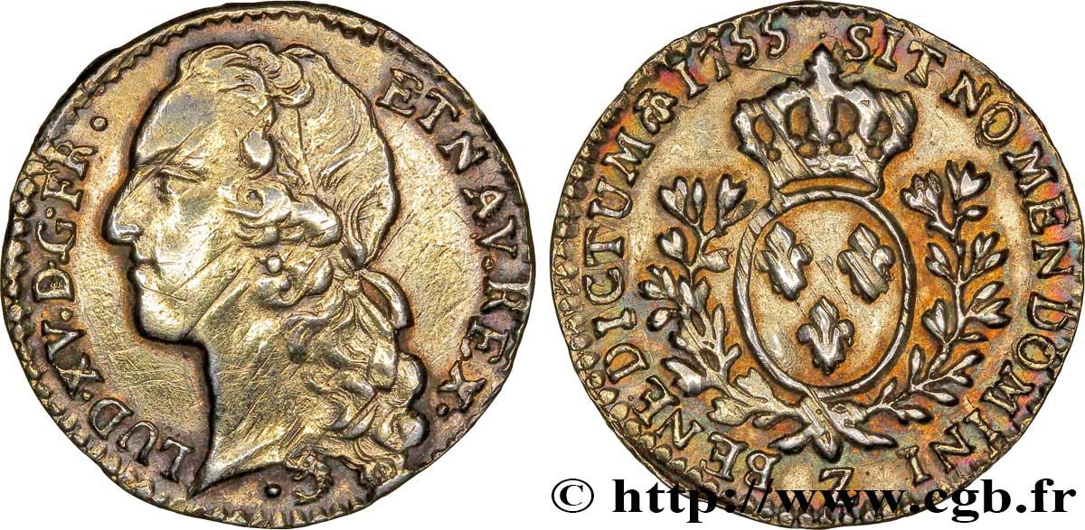 LOUIS XV DIT LE BIEN AIMÉ Dixième d écu aux branches d’olivier, tête ceinte d’un bandeau 1755 Grenoble TB+