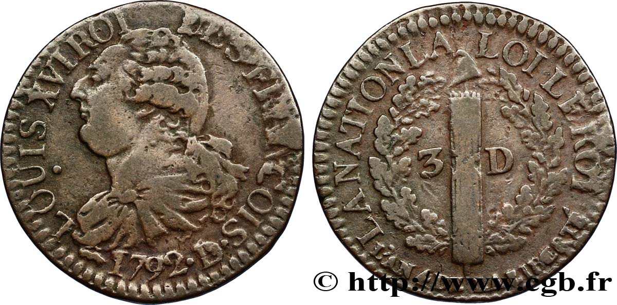 LOUIS XVI (MONARQUE CONSTITUTIONNEL) 3 deniers dit au faisceau , type FRANCOIS 1792 Lyon TB+