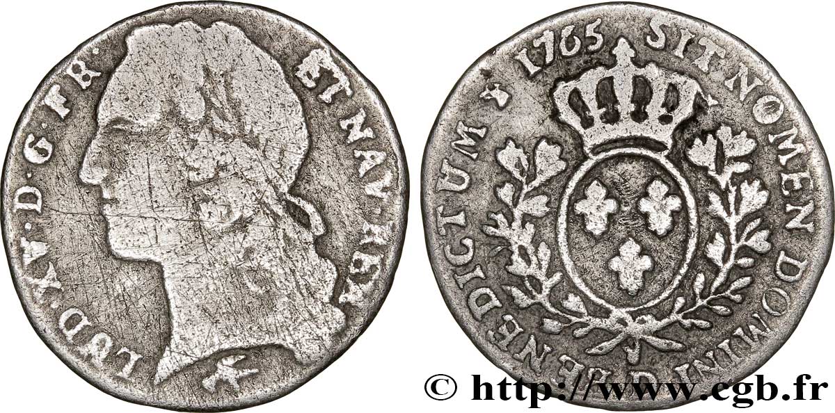 LOUIS XV DIT LE BIEN AIMÉ Dixième d écu aux branches d’olivier, tête ceinte d’un bandeau 1765 Lyon B/TB