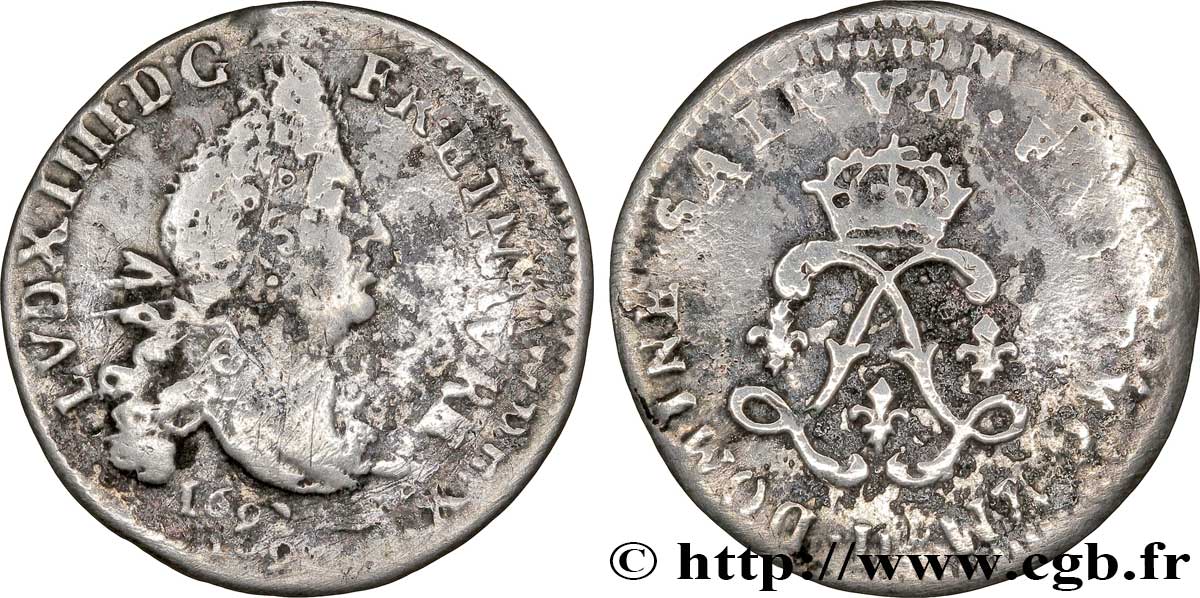 LOUIS XIV LE GRAND OU LE ROI SOLEIL Quatre sols aux deux L 1692 Lyon B+