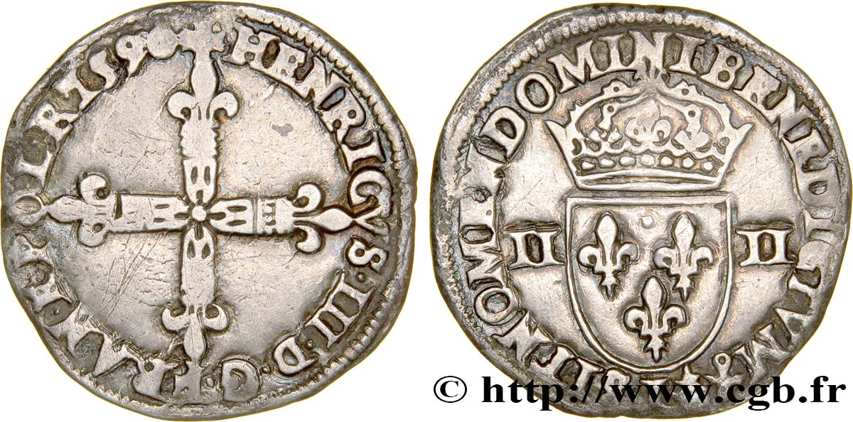 LA LIGUE. MONNAYAGE AU NOM D HENRI III Quart d écu, croix de face 1590 Bayonne TB+