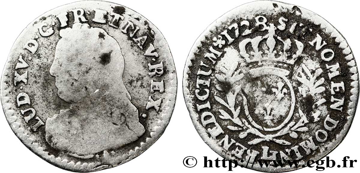 LOUIS XV DIT LE BIEN AIMÉ Vingtième d’écu aux branches d’olivier, buste habillé 1728 Bayonne B+/TB