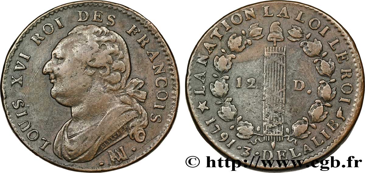 LOUIS XVI (MONARQUE CONSTITUTIONNEL) 12 deniers dit au faisceau , type FRANCOIS 1791 Marseille TTB