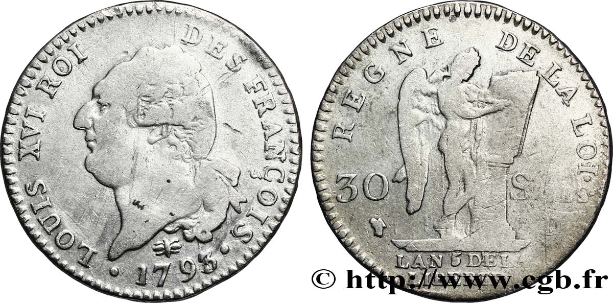 LOUIS XVI (MONARQUE CONSTITUTIONNEL) 30 sols dit au génie , type FRANÇOIS 1793 Lyon TB+/TB