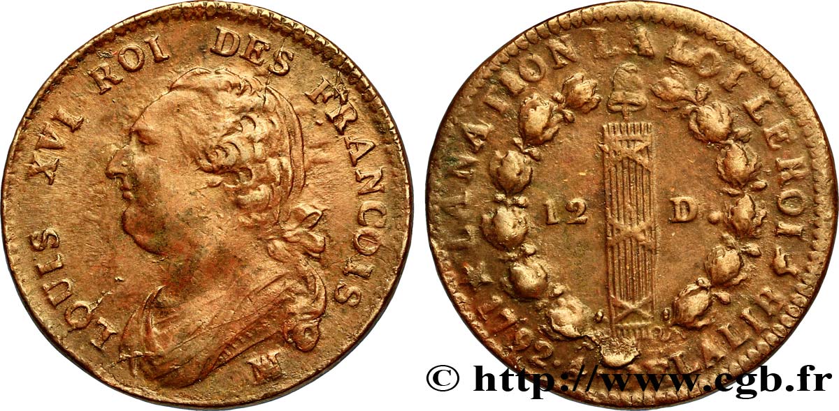 LOUIS XVI (MONARQUE CONSTITUTIONNEL) 12 deniers dit au faisceau , type FRANCOIS 1792 Marseille TB+