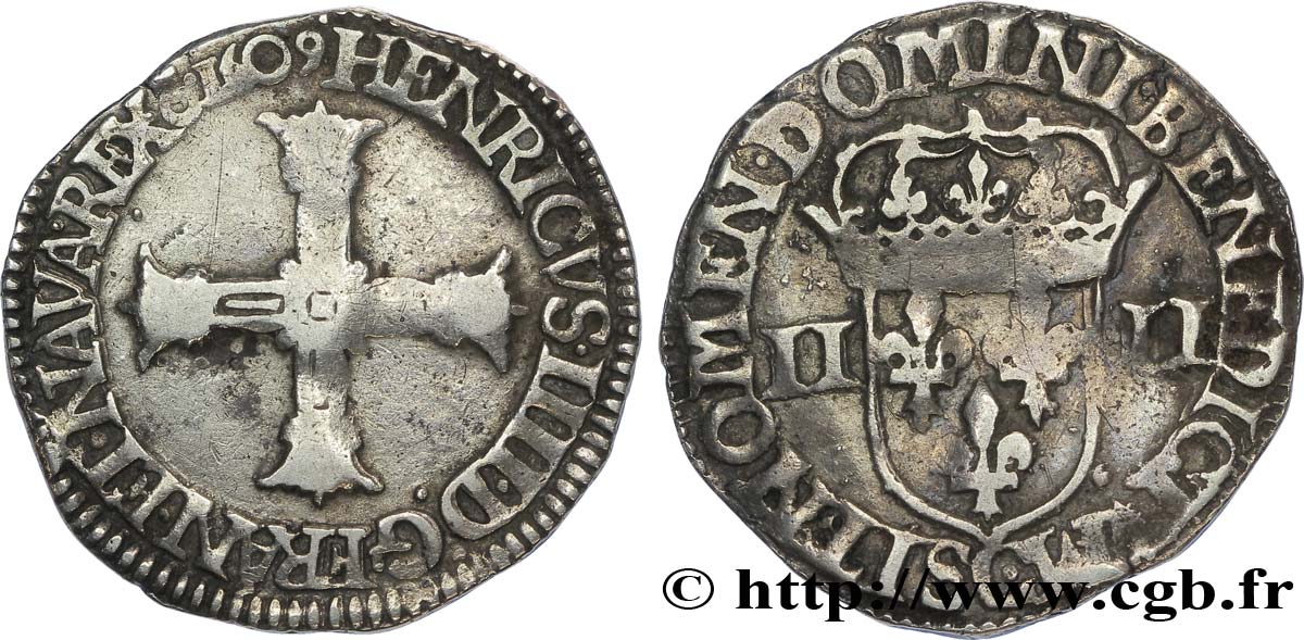 HENRI IV LE GRAND Quart d écu, croix bâtonnée et couronnée de face 1609 Saint-Lô TB+