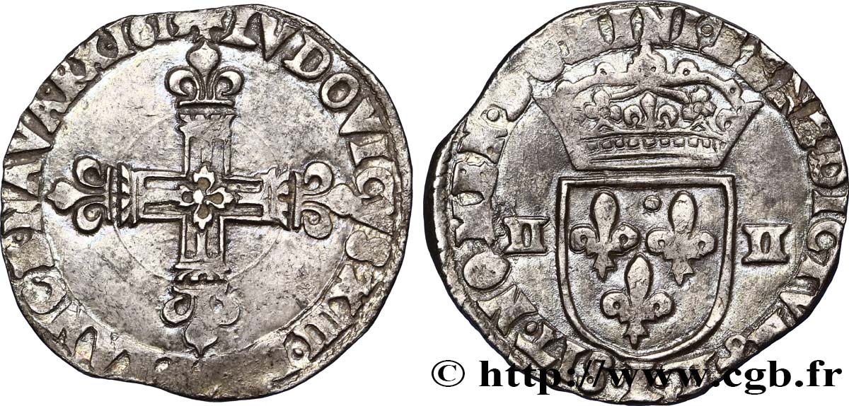 LOUIS XIII  Quart d écu, à la croix fleurdelisée, titulature côté croix 1613 Bayonne BB