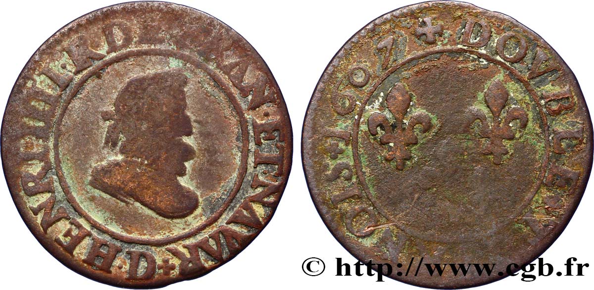 HENRI IV LE GRAND Double tournois, 1er type 1607 Lyon B