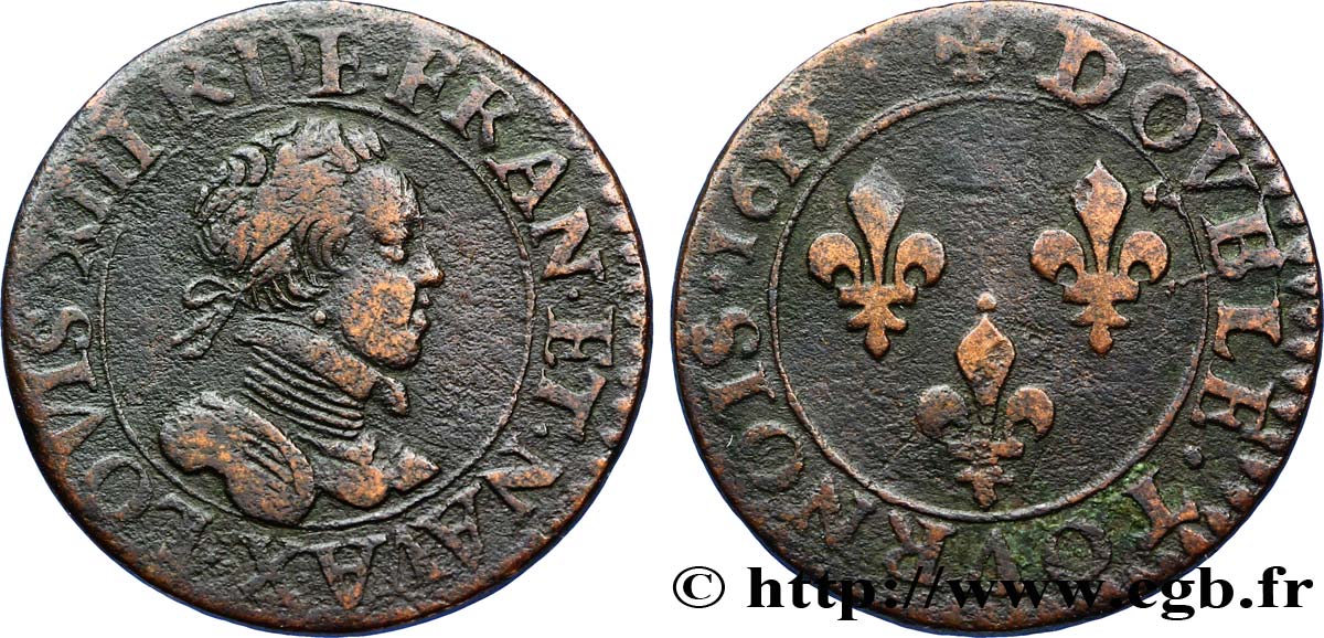 LOUIS XIII  Double tournois, type 2 1615 Amiens BC+