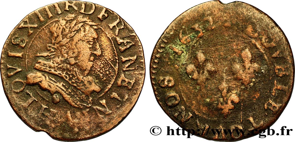 LOUIS XIII LE JUSTE Double tournois, type 1 1632 La Rochelle TB