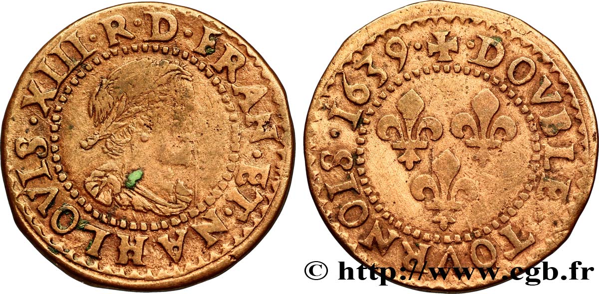 LOUIS XIII LE JUSTE Double tournois, 15e type de La Rochelle 1639 La Rochelle TB+