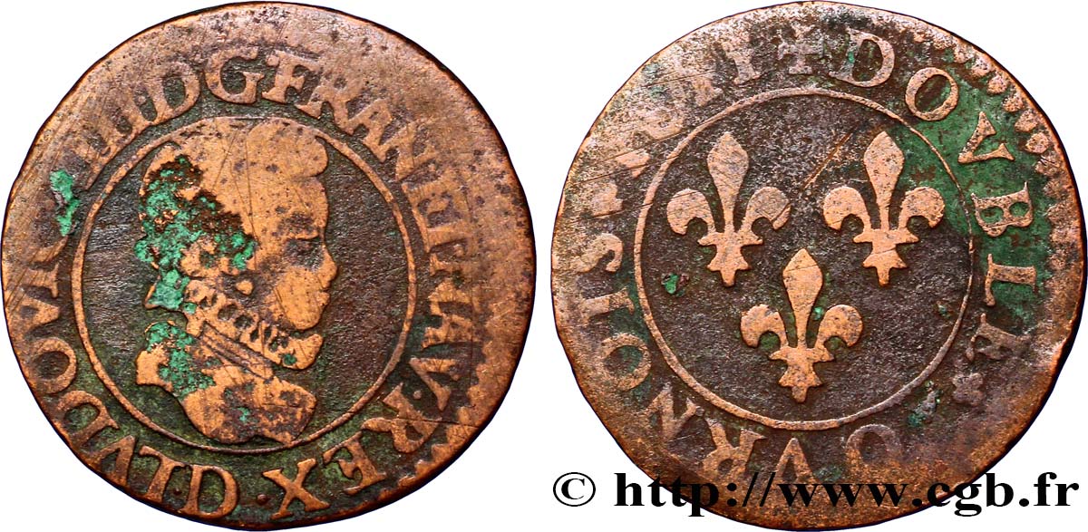 LOUIS XIII Double tournois au petit buste enfantin col plat, de Lyon 1611 Lyon VF