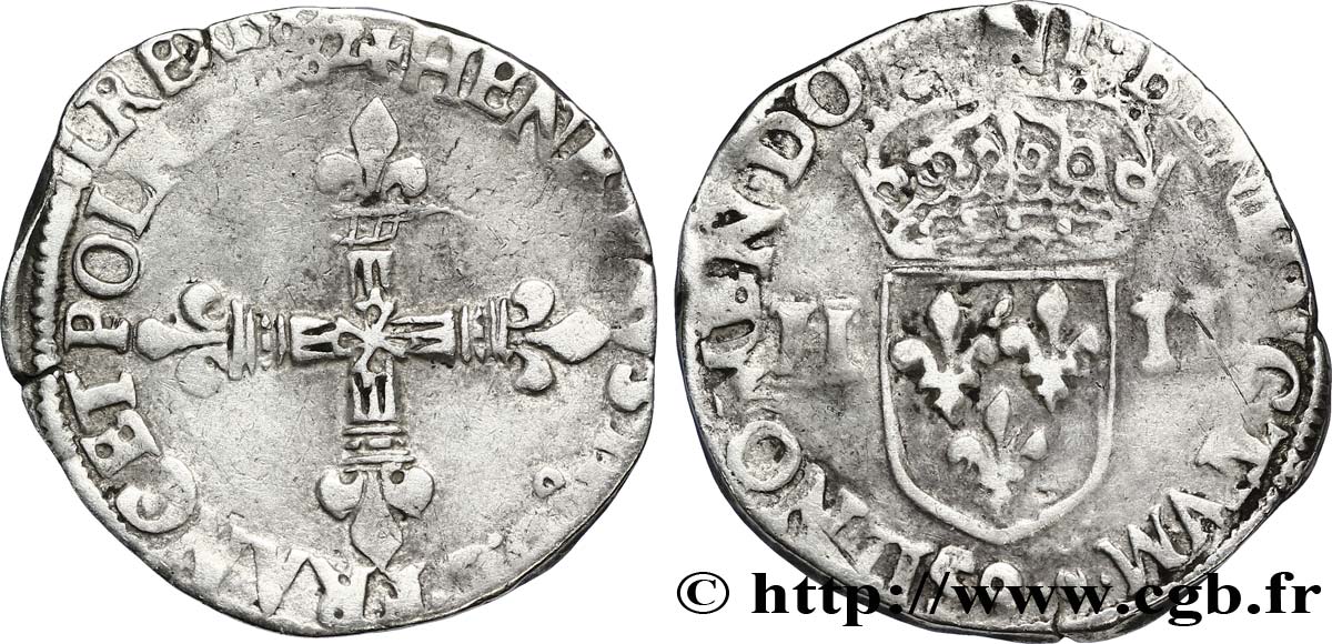 HENRI III Quart d écu, croix de face 1582 Rennes TB