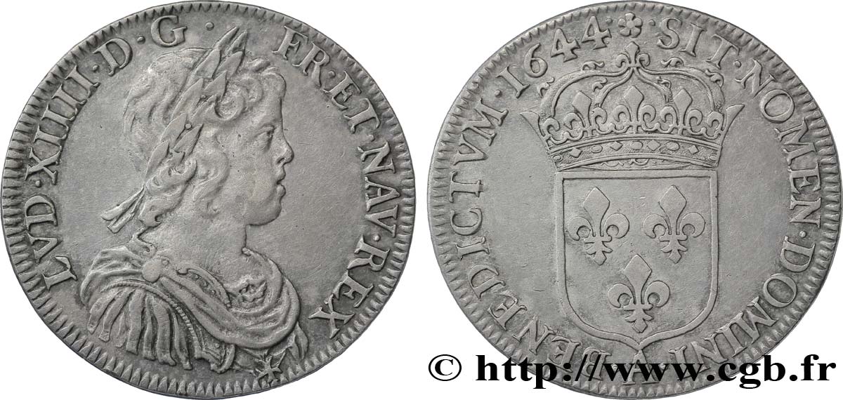 LOUIS XIV LE GRAND OU LE ROI SOLEIL Demi-écu, portrait à la mèche courte 1644 Paris, Monnaie de Matignon TTB+