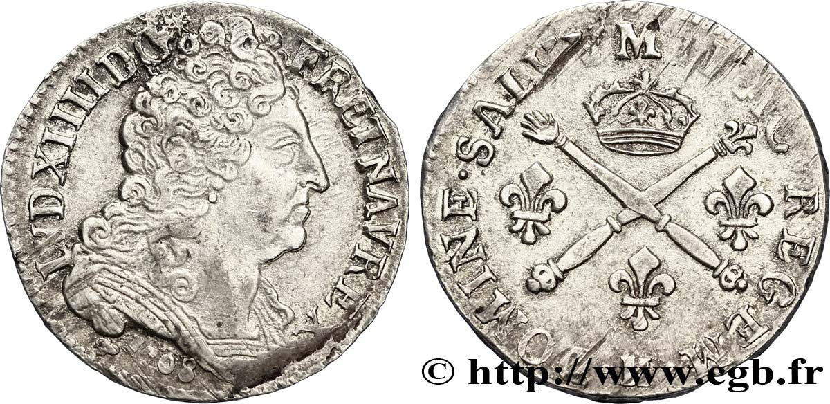 LOUIS XIV  THE SUN KING  20 sols aux insignes 1708 La Rochelle AU/XF