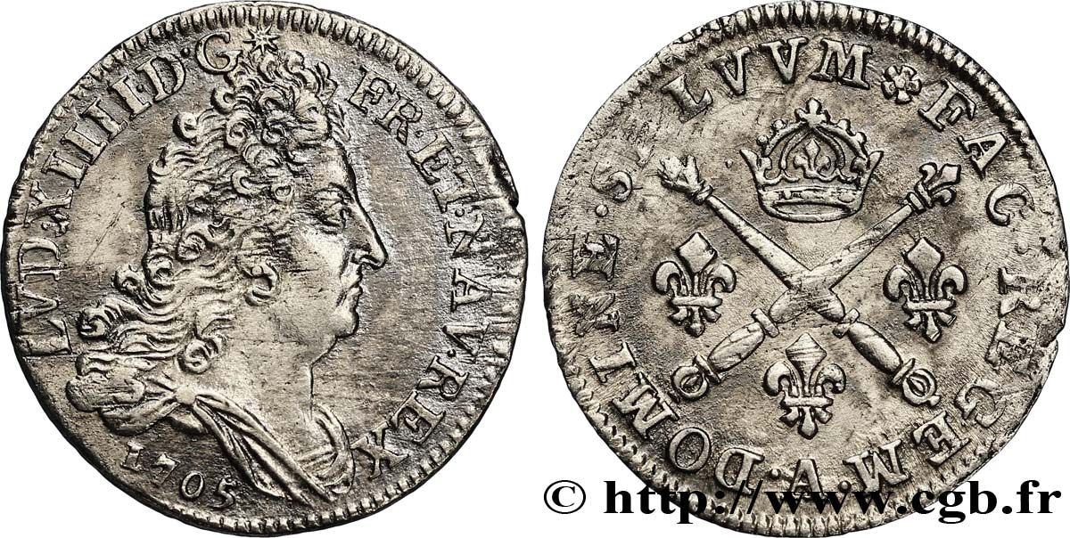 LOUIS XIV  THE SUN KING  10 sols aux insignes 1705 Paris XF