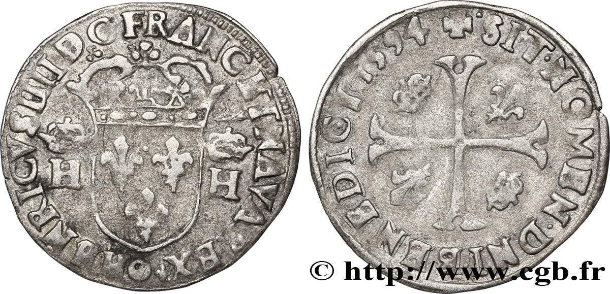 HENRY IV Douzain aux deux H couronnées, 3e type 1594 Clermont-Ferrand XF