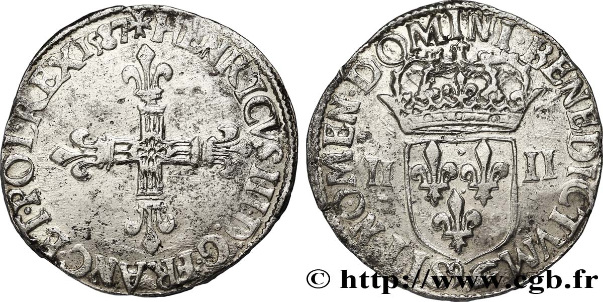 HENRY III Quart d écu, croix de face 1587 Rennes XF/AU