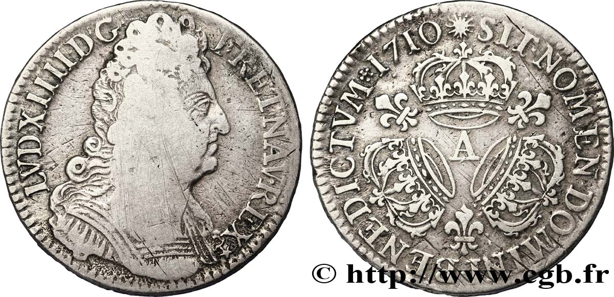 LOUIS XIV  THE SUN KING  Demi-écu aux trois couronnes 1710 Paris VF/XF