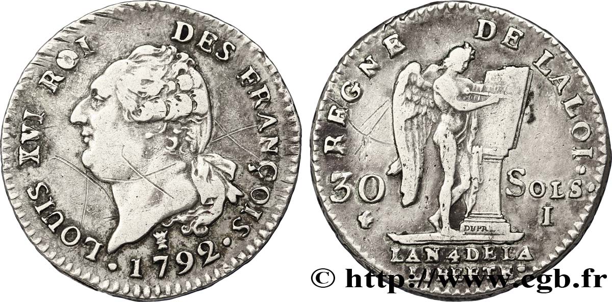 LOUIS XVI (MONARQUE CONSTITUTIONNEL) 30 sols dit au génie , type FRANÇOIS 1792 Limoges TB+