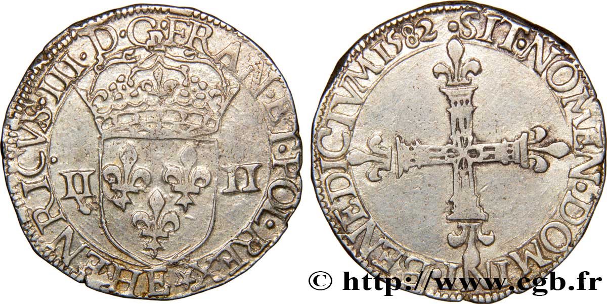 HENRI III Quart d écu, écu de face 1582 Tours TTB+/TTB