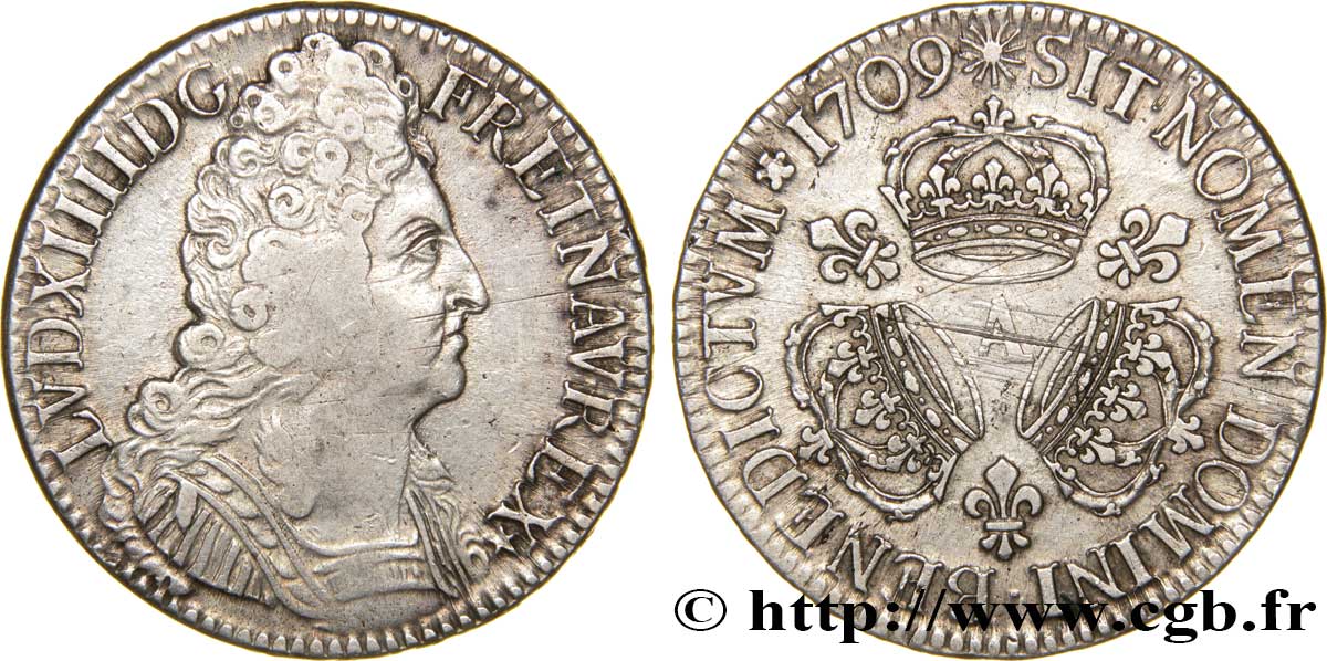 LOUIS XIV  THE SUN KING  Écu aux trois couronnes 1709 Paris XF