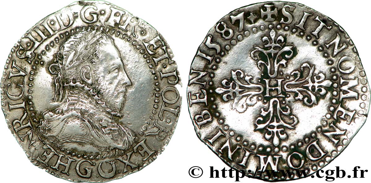 LA LIGUE. MONNAYAGE AU NOM D HENRI III Quart de franc au col plat (gaufré) 1587 Poitiers TTB+