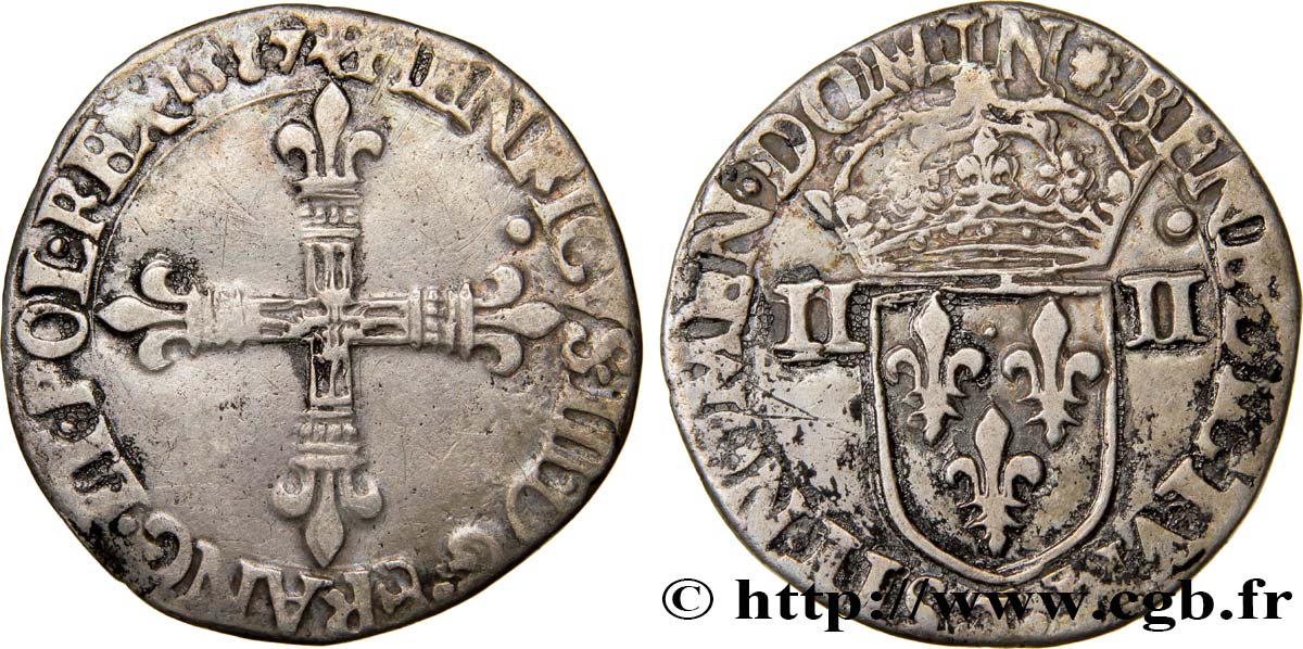 HENRI III Quart d écu, croix de face 1587 Nantes TB+
