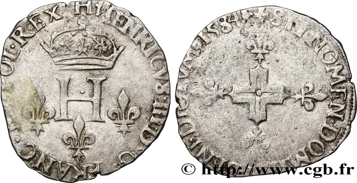 HENRI III Double sol parisis, 2e type 1584 La Rochelle TTB/TB