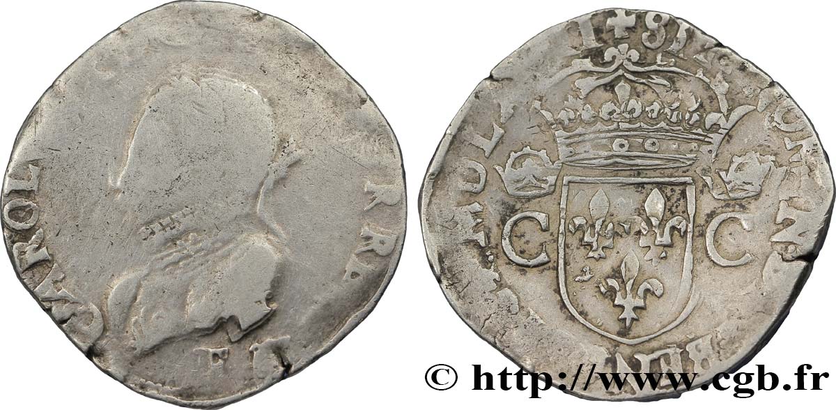 CHARLES IX Teston, 2e type 1567 Angers B/B+
