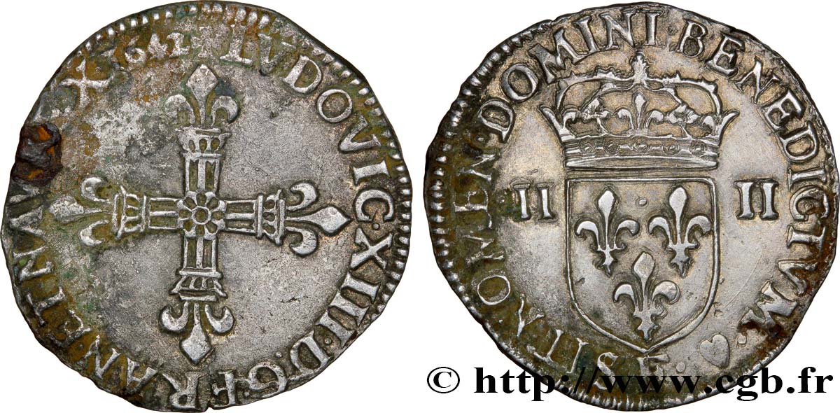 LOUIS XIII LE JUSTE Quart d écu, à la croix fleurdelisée, titulature côté croix 1642 Angers TTB/TTB+