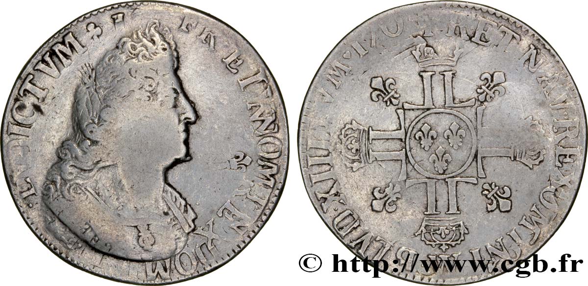 LOUIS XIV  THE SUN KING  Écu aux huit L, 2e type 1704 Lille q.MB/MB