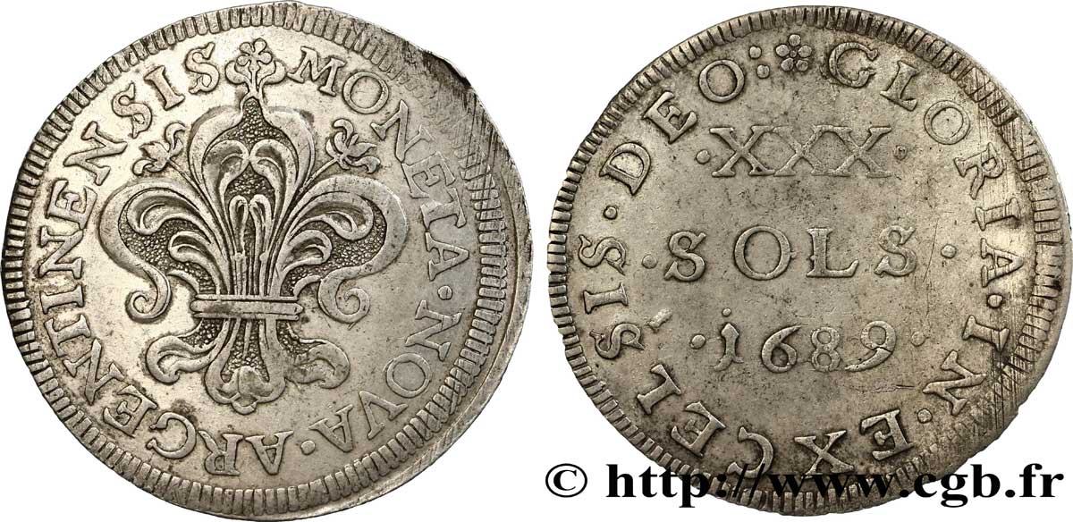 LOUIS XIV  THE SUN KING  XXX sols 1689 Strasbourg AU/XF