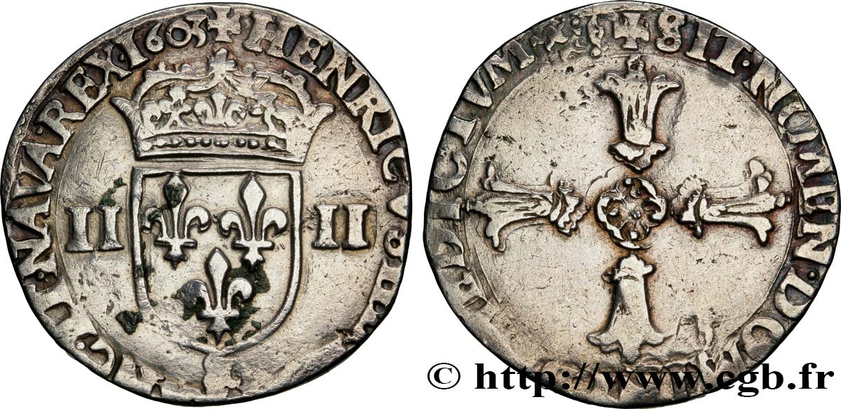 HENRY IV Quart d écu, écu de face, 2e type, écu de face 1603 Aix-en-Provence BC+