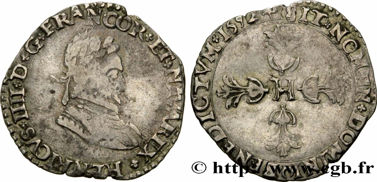 HENRY IV Quart de franc, type de La Rochelle 1592 La Rochelle fSS