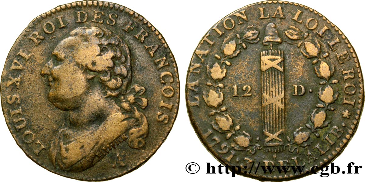 LOUIS XVI 12 deniers dit  au faisceau , type FRANCOIS 1791 Paris, Monnaie du Louvre VF
