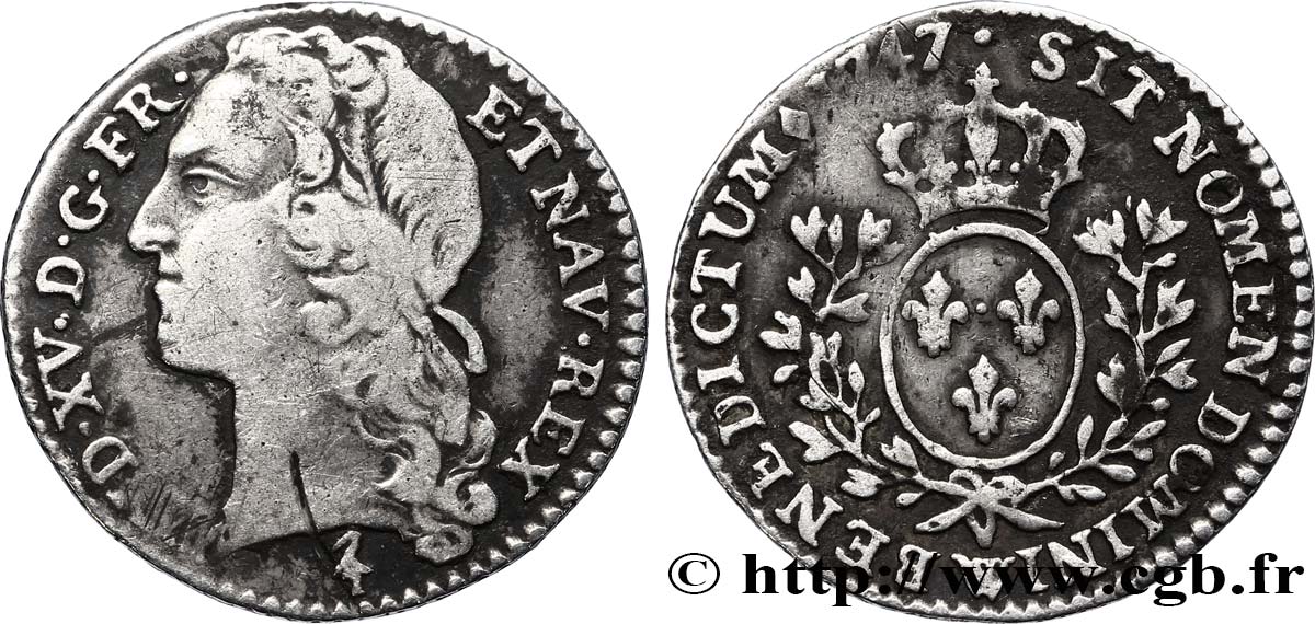 LOUIS XV THE BELOVED Dixième d écu aux branches d’olivier, tête ceinte d’un bandeau 1747 Lille VF