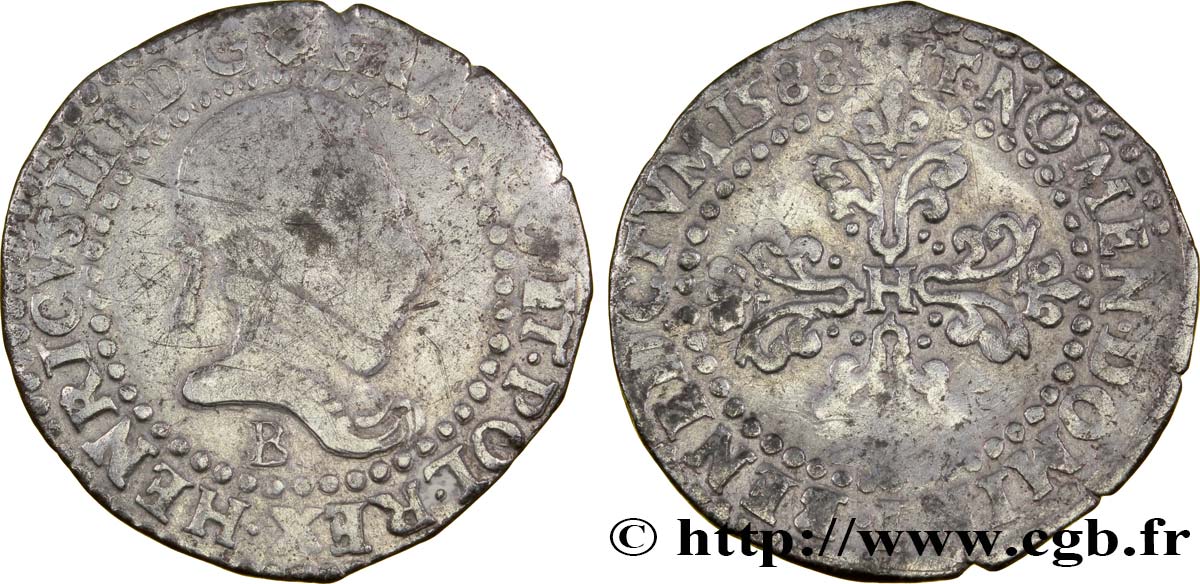 HENRI III Quart de franc au col plat 1588 Rouen TB+/TTB
