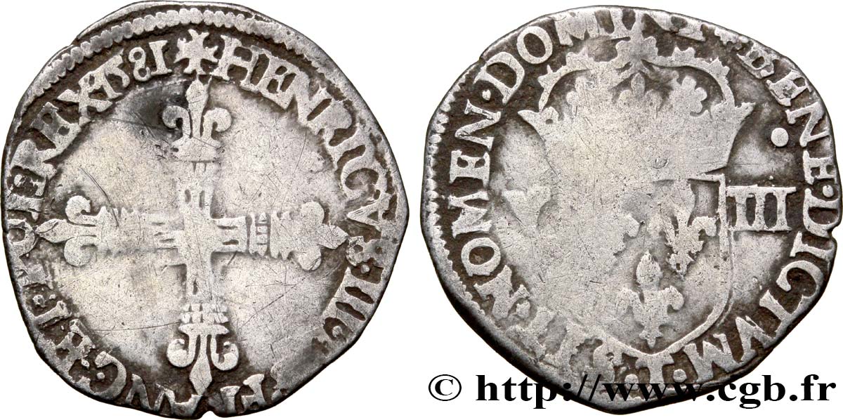 HENRI III Huitième d écu, croix de face 1581 Nantes TB+