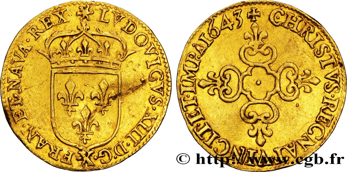 LOUIS XIII LE JUSTE Écu d or au soleil, à la croix anillée fleurdelisée 1643 Amiens TTB