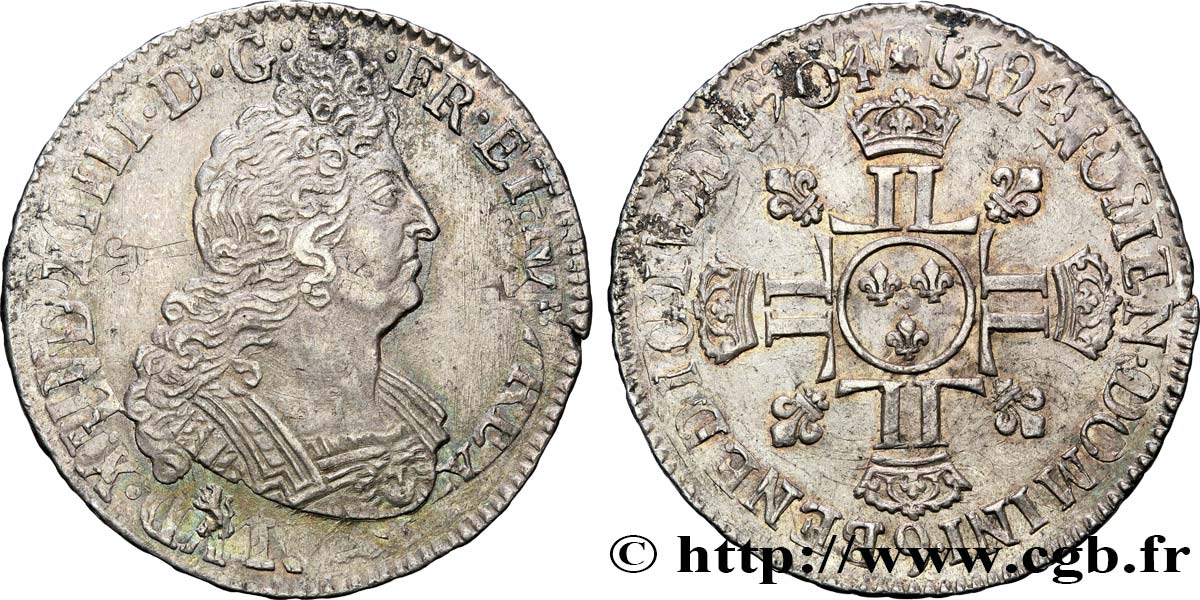 LOUIS XIV  THE SUN KING  Demi-écu dit “aux huit L du 2e type” 1704 Rennes BB/q.SPL