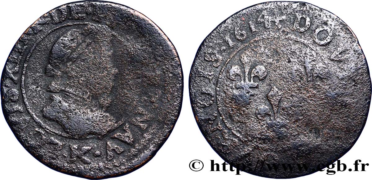 LOUIS XIII LE JUSTE Double tournois, grand buste enfantin, drapé à large fraise 1614 Bordeaux B